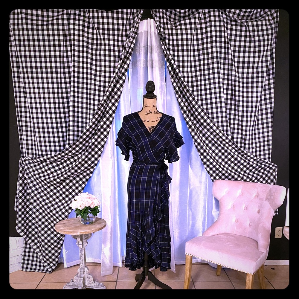 Women’s navy plaid wrap hi lo dress.